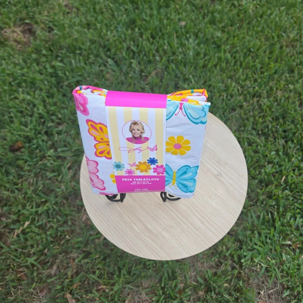 Dolly Parton PEVA Tablecloth Butterfly Floral Pink Blue Yellow 60x84 New